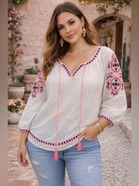 Perch by Blu Pepper Boho Embroidered Peasant Top | Size 1X | Tassel Tie
